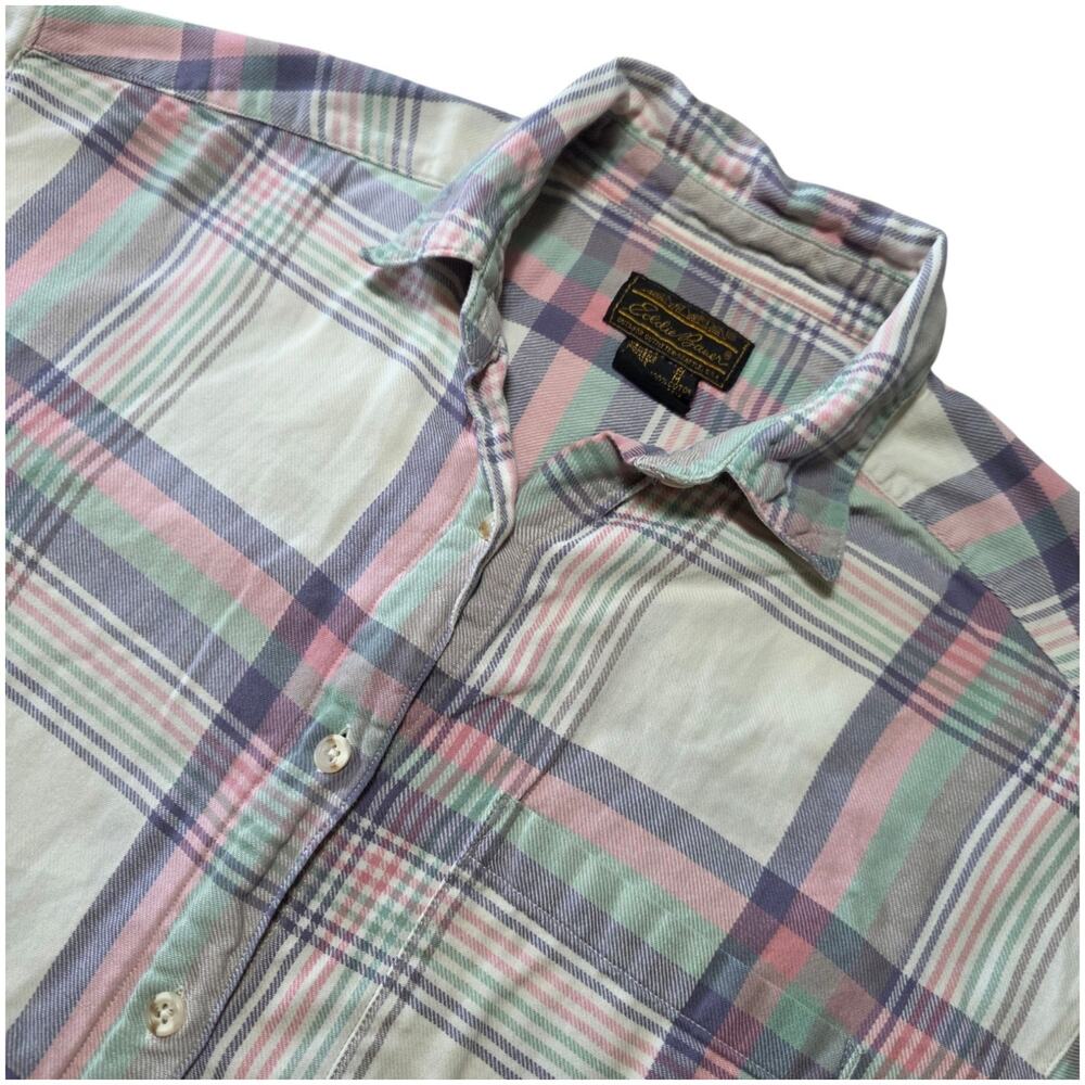 Vintage Eddie Bauer Plaid Flannel Shirt Womens M Pastel Cotton Button Up 90s